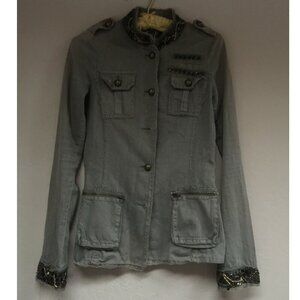 Toy G Women's Button Down Jacket Size 4 Zip Pockets Sequin Beads Khaki Stylish